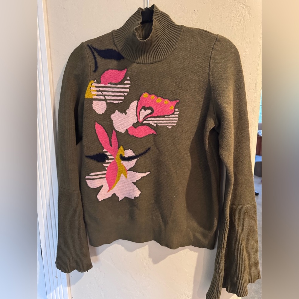Anthropology Knitted & Knotted Olive Floral Turtleneck Sweater with Pink Accent